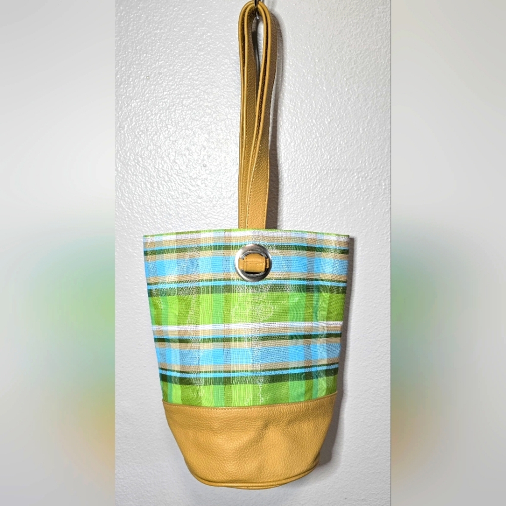Tote Le Monde Plaid Green and Blue Tote Bag with Tan Accents